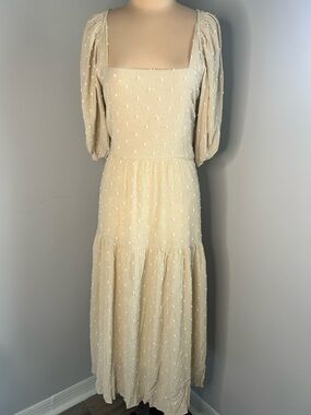 Moon River Cream-Beige polka dot Maxi Dress with Puff Sleeves